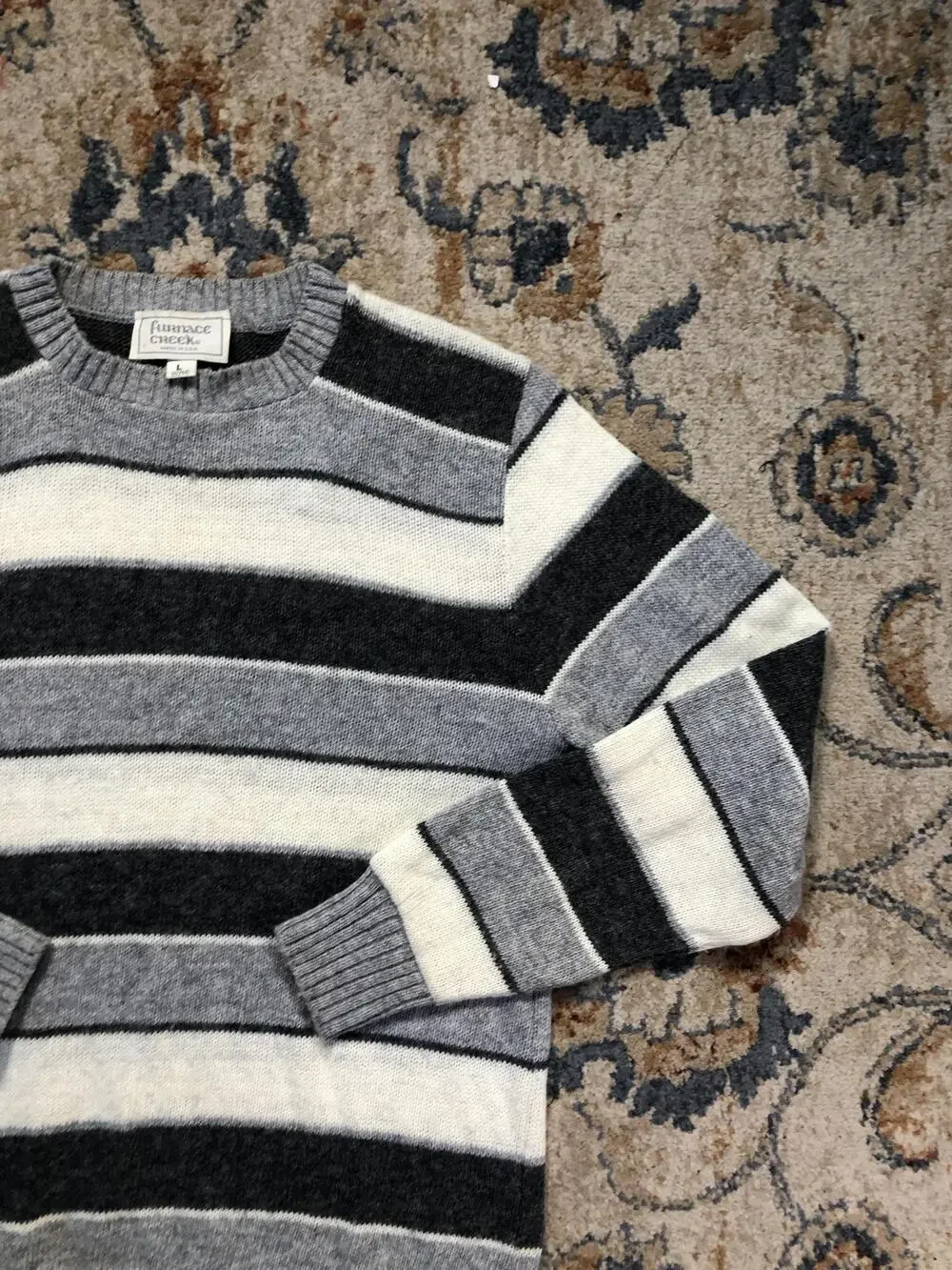Furnace Creek Sweater Mens Large Gray Striped Crewneck Knit Pullover Made USA